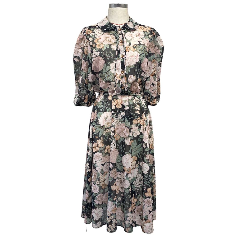 Vintage Womens Floral Semi Sheer Peter Pan Collar Dress